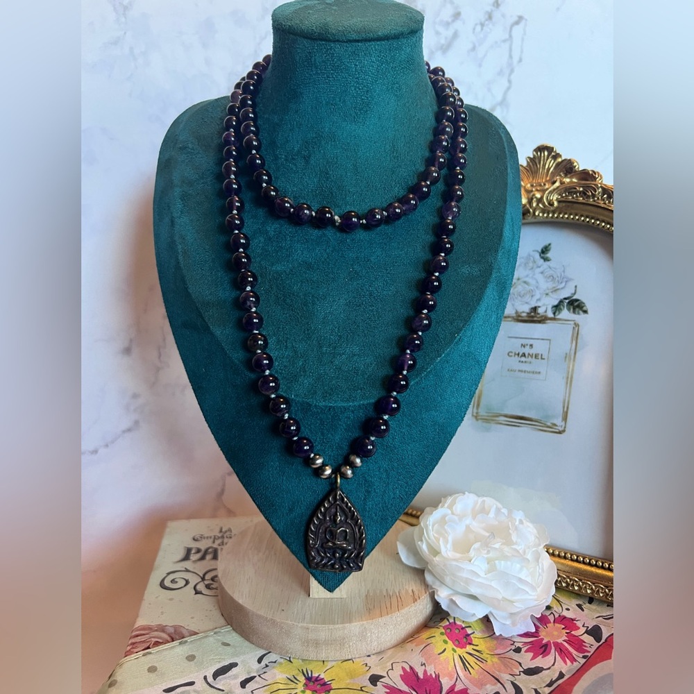 Handmade Amethyst and Navajo Pearl Mala Necklace